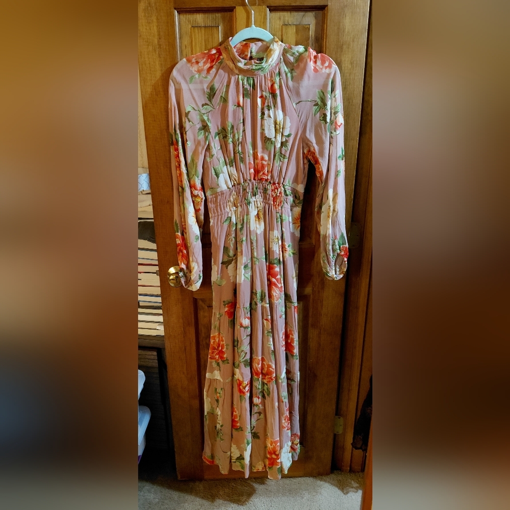 Anthropologie Somerset Long Sleeve Mock Neck Chiffon Pink Floral Maxi Dress - Picture 9 of 16